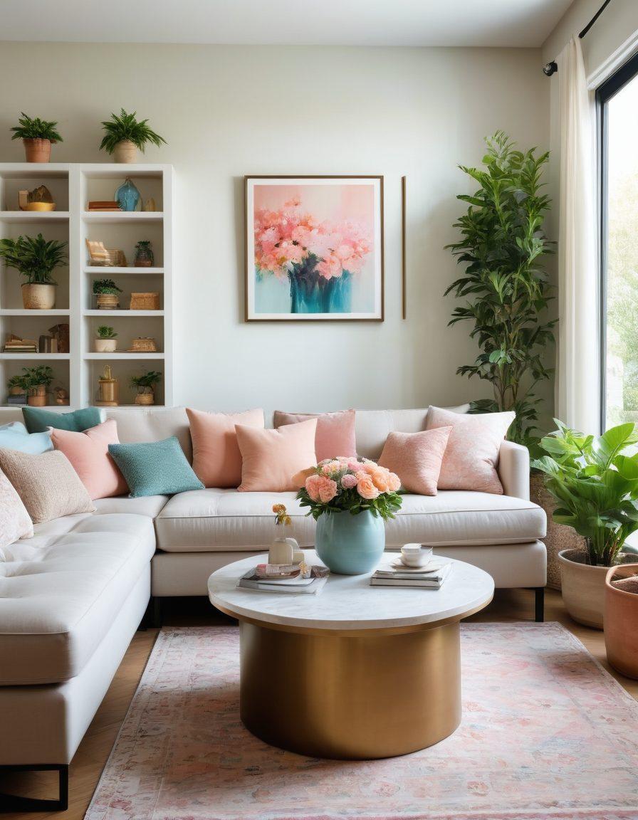 A beautifully designed living space filled with lush greenery, soft pastel colors, and elegant decor items. Include a cozy seating area adorned with plush cushions, a stylish coffee table with a fresh flower arrangement, and ambient lighting that exudes warmth. Add a decorative bookshelf and artistic wall art to enhance the aesthetic charm. Emphasize a calming and inviting atmosphere. super-realistic. vibrant colors. cozy ambiance.