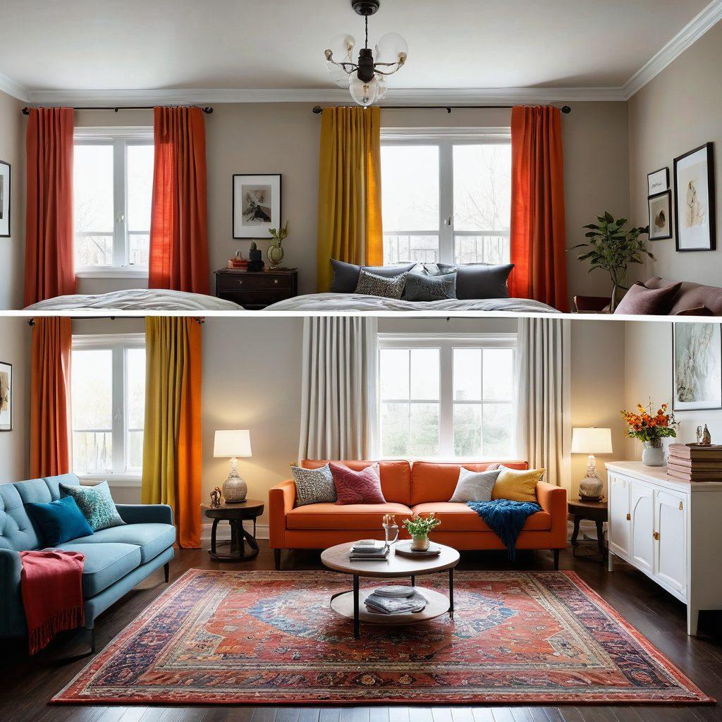 A stunning before-and-after scene showcasing a dull room transformed into an enchanting space filled with vibrant decor. The left side should depict a plain, lifeless area, while the right side bursts with colorful furnishings, stylish lighting, and eye-catching artwork. Include cozy textures like plush rugs and elegant curtains to create a welcoming atmosphere. Emphasize the impact of decor in elevating the mood of the space. super-realistic. vibrant colors. cozy interior.