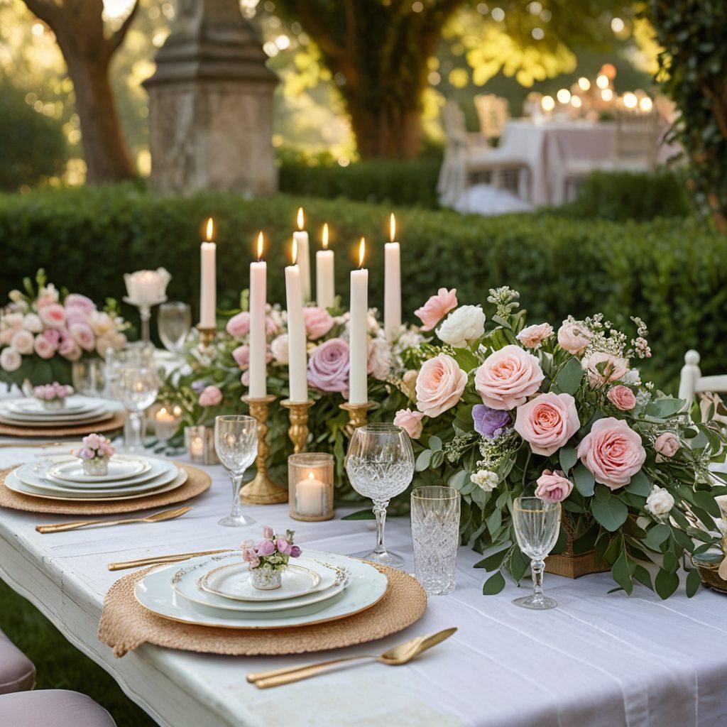 A beautifully arranged dining table with elegant, vintage china and crystal glassware, surrounded by lush greenery and soft candlelight. Ethereal floral arrangements in pastel colors add a touch of charm, while a cozy atmosphere is created by soft, warm lighting. An inviting ambiance that speaks of sophistication and warmth. super-realistic. vibrant colors.
